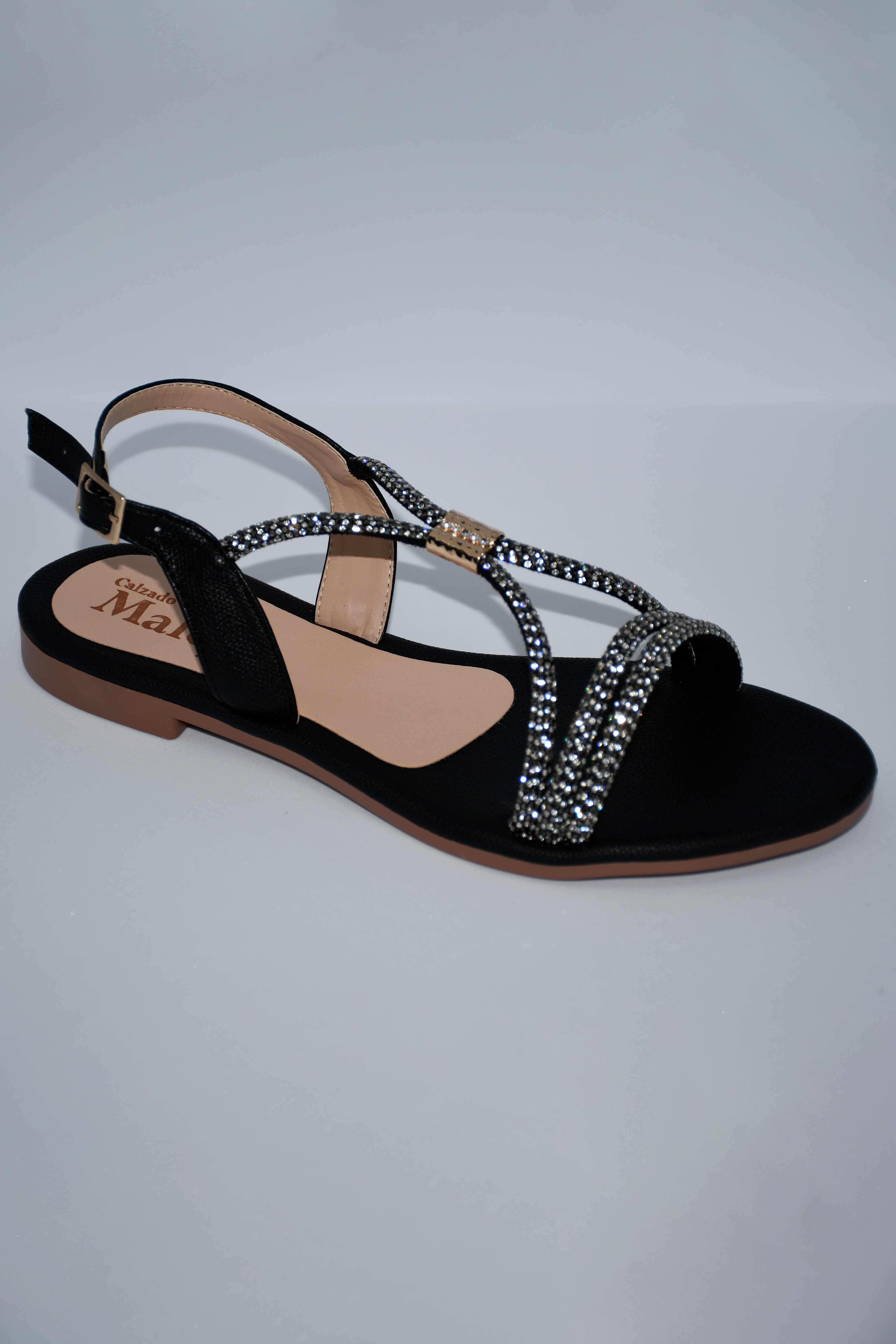 Sandalia plana brillantes color negro